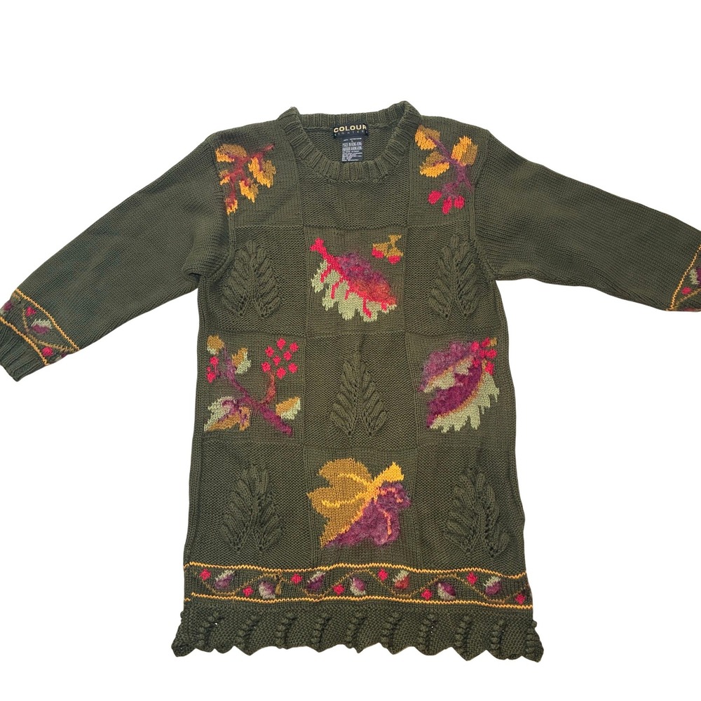 Vintage Fall Leaves Tunic Knit Sweater Dress Womens Large Cottage Grannycore